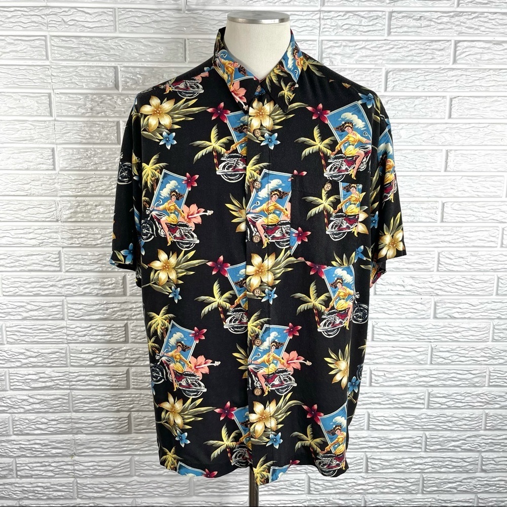 Vintage NorthCrest Hawaiian Print Button Up Shirt Woman On a Motorcycle Sz Large